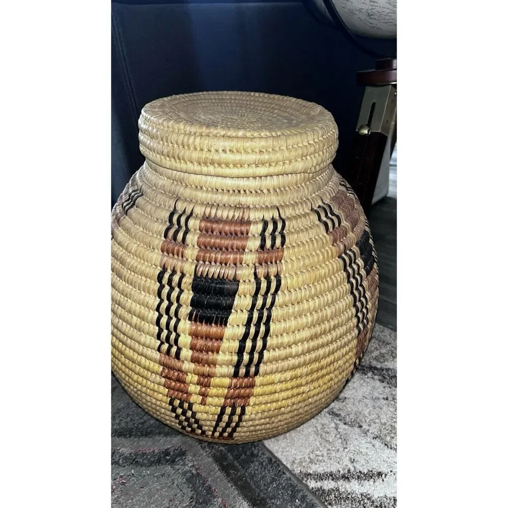 Kenya Vintage Weave Large Basket 24” Tall Beige Round With Lid